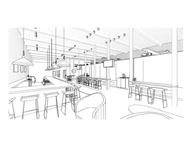 rendered drawing of interior at the new indoor golf restaurant & bar